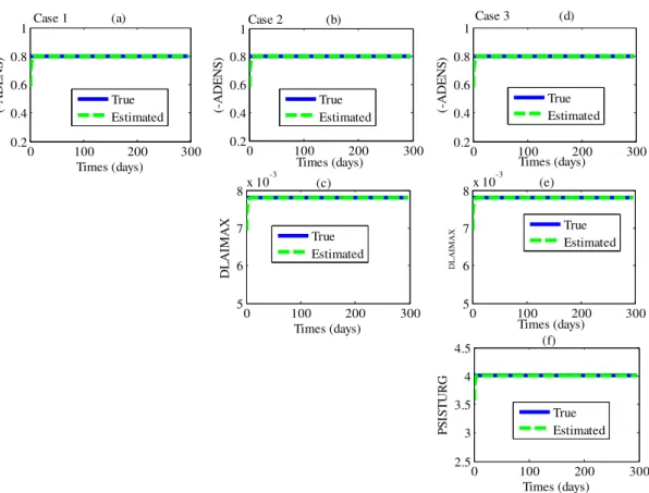 Figure 7.  Estimation of the LSM model parameters using VF for all cases - case 1 (ADENS, a),  case 2: (ADENS, b and DLAIMAX, c), case 3: (ADENS, d; DLAIMAX, e; PSISTURG, e)