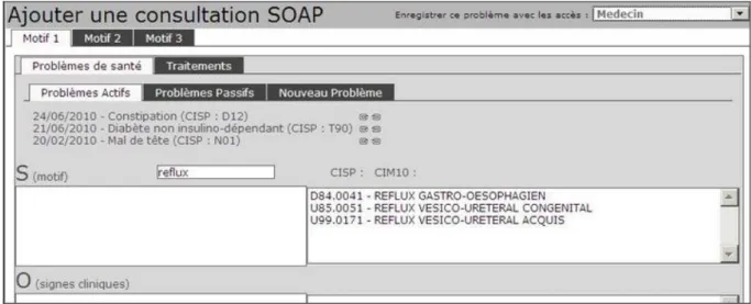 Figure 8 Be-Care ; ouverture d'une consultation en mode SOAP, appel de la terminologie LOCAS