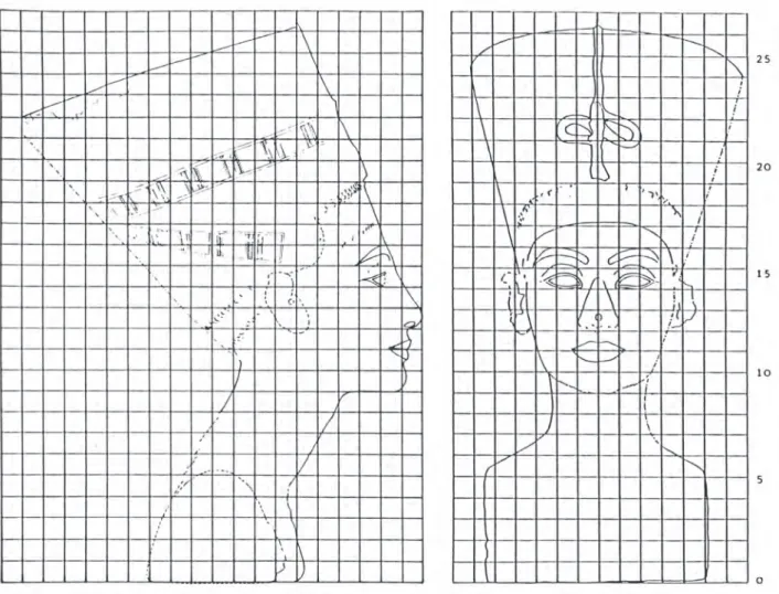 Fig. 2: projection of a grid graduated in ancient Egyptian fingers (1.875 cm) on a 3D recording of the so-called Berlin bust of Nefertiti  (ÄM 21300), after R