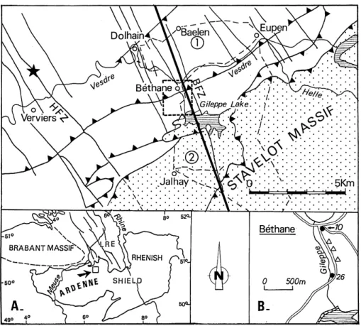 Fig. 1. Location map. Top: The Gileppe leveling network is in dashed line. The Be¨thane section is located at the western inter- inter-section of both leveling loops (marked by encircled numbers)