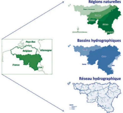 Figure 1. Régions naturelles, bassins hydrographiques et réseau hydrographique de la Wallonie