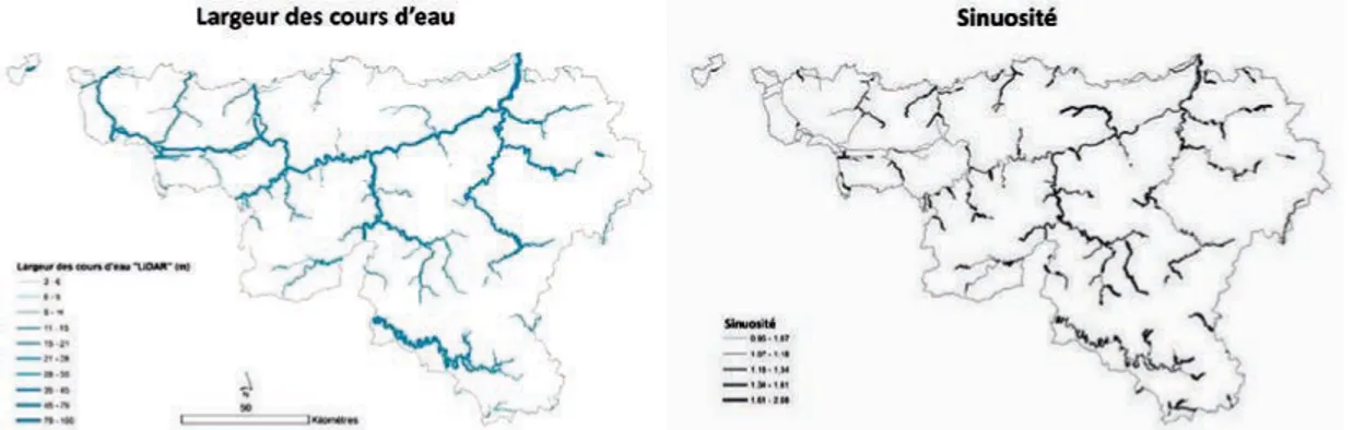 Figure 2. Cartographie de paramètres physiques à l’échelle régionale (2 307 km de cours d’eau) : cas de la largeur et de  la sinuosité du lit mouillé.