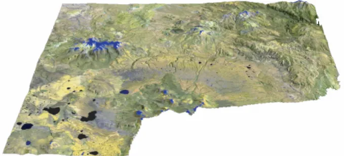 Figure 6: Superposition d’une image Landsat TM 5 (bandes 2/5/7) sur le modèle numérique du terrain utilisée pour  l’analyse des relations spatiales entre les différentes structures géologiques