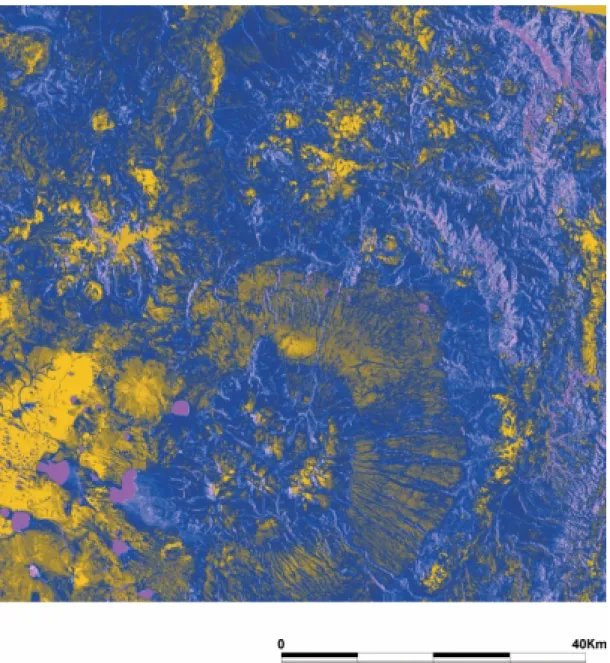 Figure 7: Rapport des canaux 3 et 1 de Landsat TM5. Les zones en jaune sont indicatives de la présence possible  d’oxydes de fer