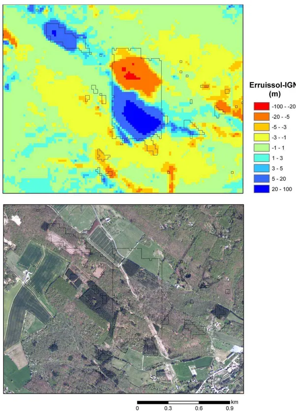 Figure 47. Différence d’altitude entre les MNT_ERRUISSOl et IGN (en haut) plus fortes dans  les zones où le PICC n’existe pas (zones à l’intérieur des polygones en traits noirs)