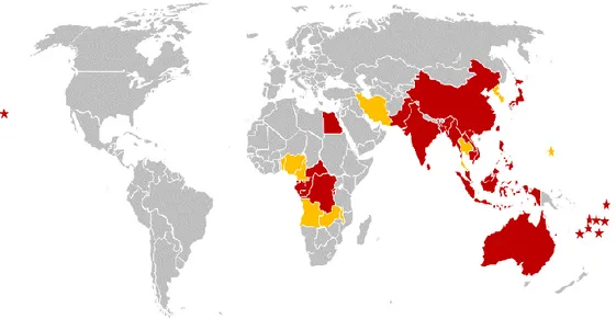 Figure  5.  Distribution  of  BBTV.  Countries  in  red  were  identified  in  the  1996  Technical Guidelines (Diekmann and Putter 1996) while those in orange (and  the countries in bold in the list below) have been identified since 1996