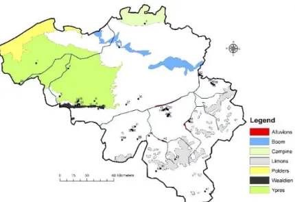 Figure 1: Location of sampled sites on the map of Belgian clay formations. 