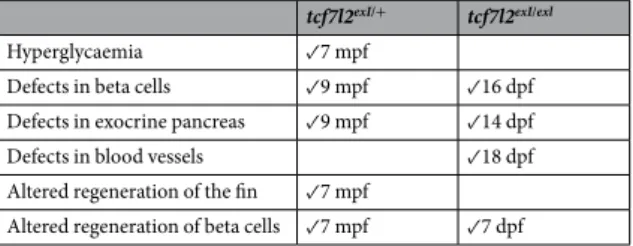Table 1.  Summary of detected phenotypes in heterozygous (tcf7l2 exI/+ ) and homozygous (tcf7l2 exI/exI ) mutants