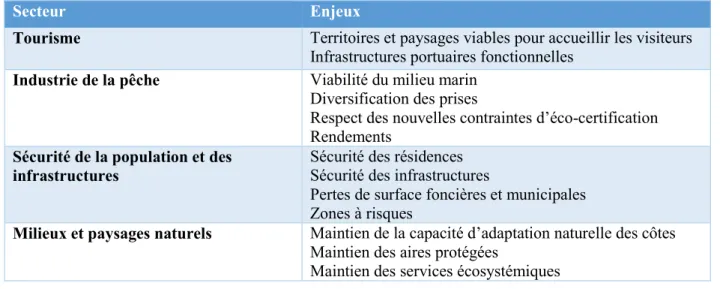 Tableau  2.1  Les  enjeux  importants  des  différents  secteurs  d’importance  économique,  sociale  et  environnementale des régions maritimes du Québec