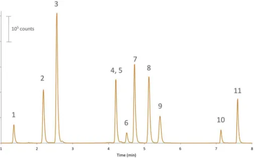Fig. 1. Typical chromatogram (combined MRM traces) obtained after processing of calibration  solu-tion in bovine plasma and injecsolu-tion in LC-MS/MS.