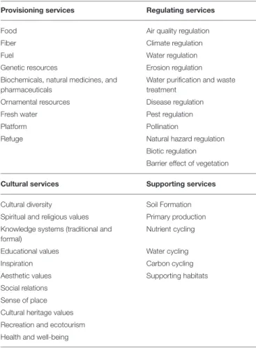 TABLE 1 | Overview of ecosystem services investigated in our analysis for each of the four main groups.