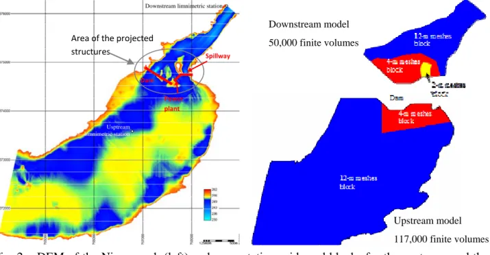 Fig. 2 – DEM of the Niger reach (left) and computation grids and blocks for the upstream and the  downstream models (right) 