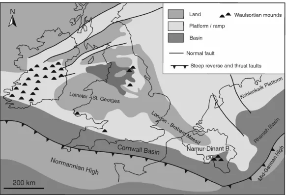 Figure 1. General context of Lower Carboniferous sedimentation in north-western Europe showing the  distribution of emergent areas and Waulsortian mounds at the end of the Tournaisian [modified from Ziegler 