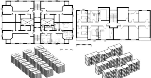 Figure 2 &amp; 3 Typical floor plan of Typology 1 and 2  their urban context  