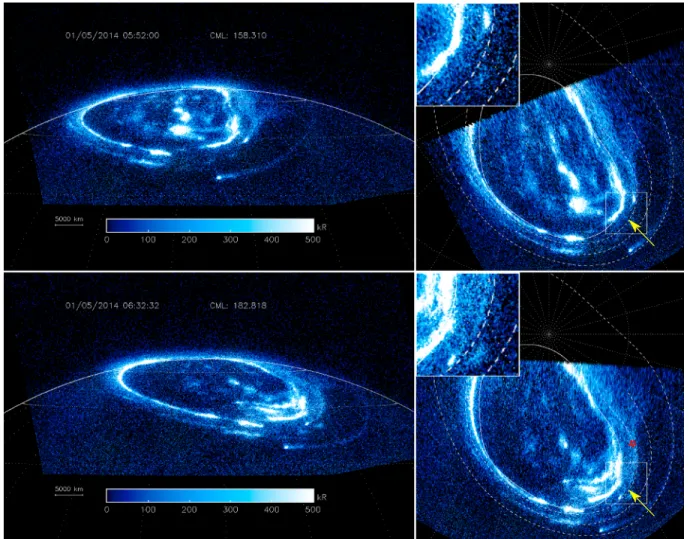 Figure 3. Images and polar projections of the northern aurora at the beginning and at the end of the sequence acquired on 5 January 2014