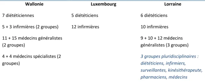 Tableau 3 : Nombre de professionnels interrogés par groupe nominal et par région 