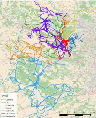 Figure 18 : Carte des lignes de bus STIF des entreprises du  pôle Ouest de Transdev (Source : OpenStreet Map) 