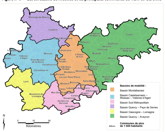 Figure n o  6 — Les six bassins de mobilité et les principales communes de Tarn-et-Garonne 