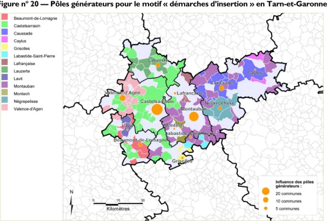 Figure n o  20 — Pôles générateurs pour le motif « démarches d’insertion » en Tarn-et-Garonne 