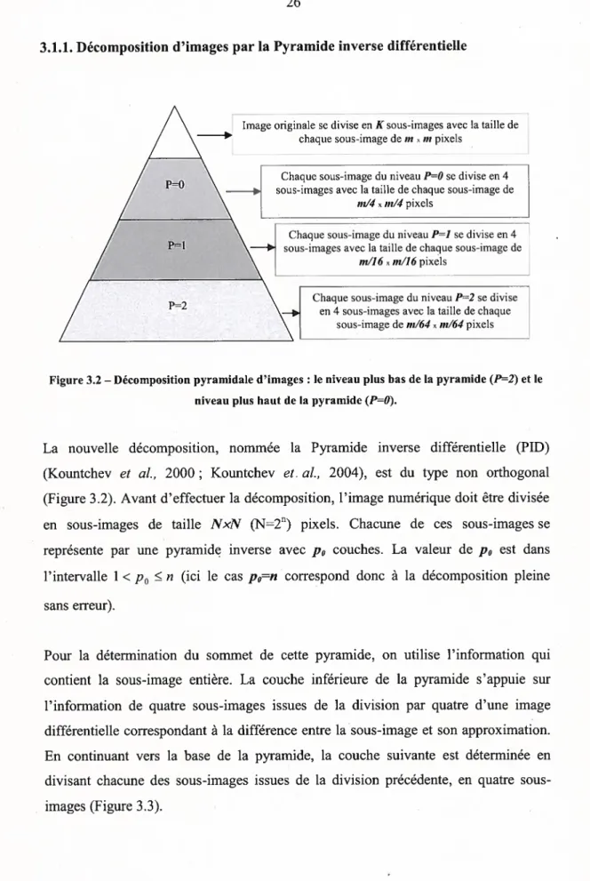 Figure 3.2 — Décomposition pyramidale d’images: le niveau plus bas de la pyramide (P=2) et le niveau plus haut de la pyramide (P=O).