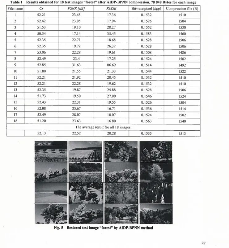 Table I Resuits obtained for 18 test images “forest” after AJDP-BPNN compression, 78 848 Bytes for each image
