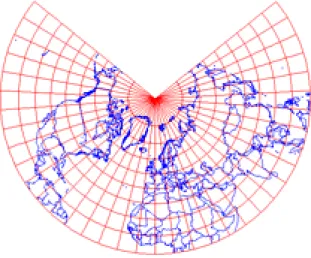 Figure 10. Projection de l'hémisphère nord selon la conique conforme de Lambert à deux parallèles sécants  (30° N et 60° N), centrée sur le méridien de Greenwich (Donnay 1997),