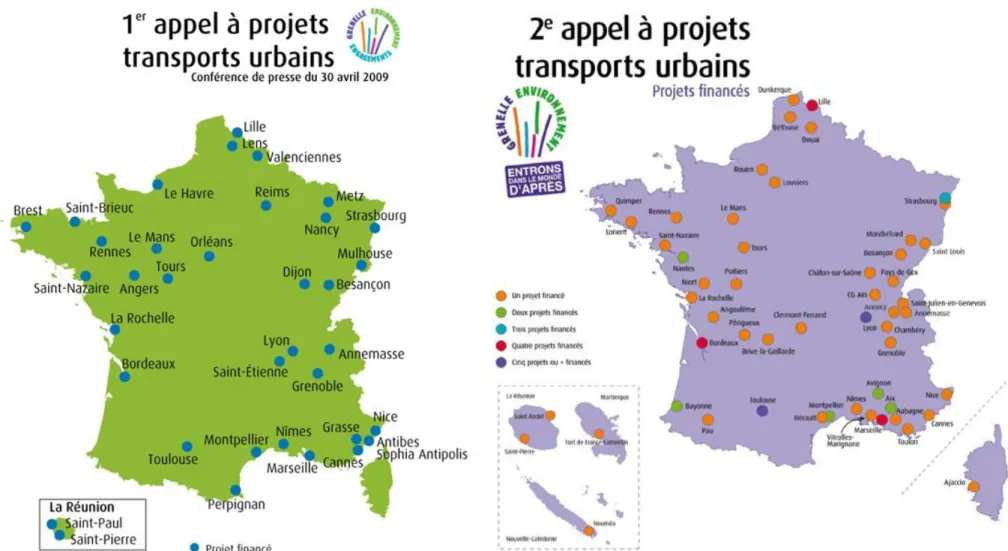 Figure 10 : Lauréats des 1er (2008) et 2ème (2011) appels à projet Grenelle; source : Ministère de l'Ecologie, du Développement Durable et de l'Energie 