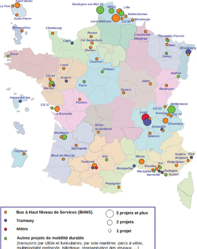 Figure 11 : Lauréats du troisième appel à projet Grenelle, 2014; source : Ministère de l'Ecologie, du Développement  Durable et de l'Energie 