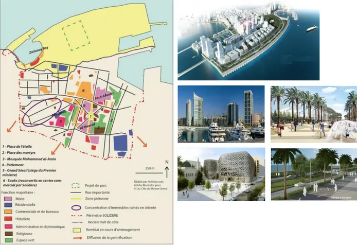 Figure 11 : Beyrouth Master Plan ; Figure 12 : Beyrouth New Waterfront ; Figure 13 : Le port de Beyrouth ; Figure 14, 15,  16 : Les espaces publics du New Waterfront District – Sources : Solidere