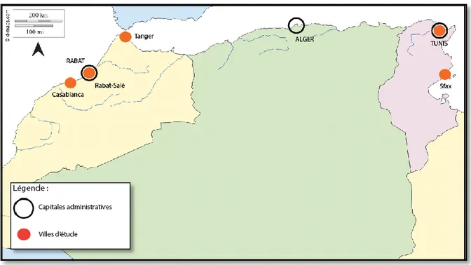 Figure 247 : Carte de localisation des projets : « Une nouvelle génération de projets urbains au Maghreb 12  », Source :  Mathilde Gaillard 