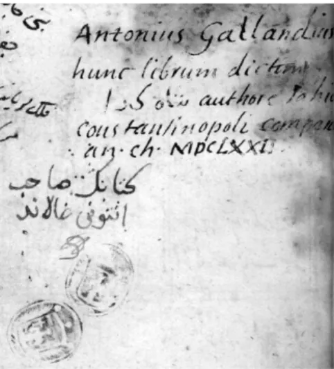Fig. 17 : Notice descriptive, ex-libris et estampille de Galland (BnF, ms. turc 367, fol