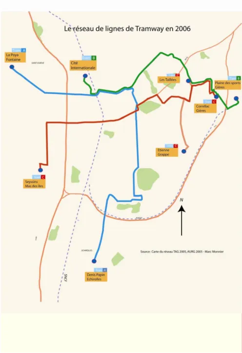 Figure N°8 : Le réseau de lignes de tramway 2006.  Source  Plan SEMITAG 2005 
