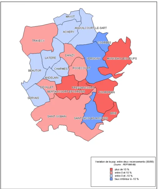 Figure 13 : évolution de la population des communes des Villes d’Oyse  pour la période intercensitaire 1990-1999