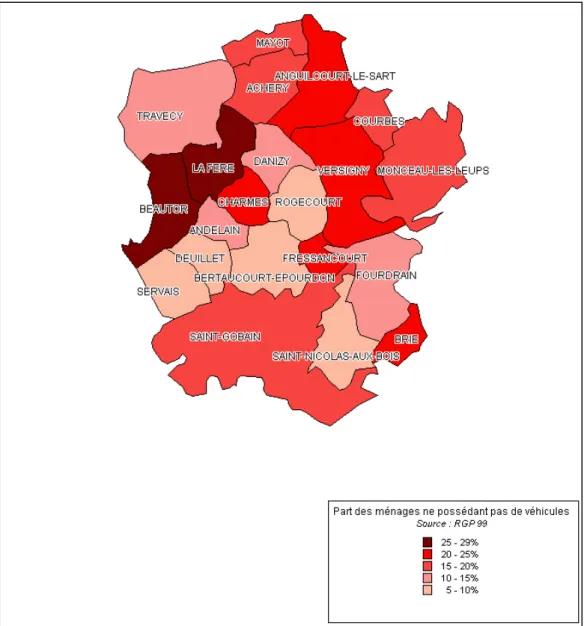 Figure 14 : part des ménages ne possédant pas de véhicule en 1999  pour les communes des Villes d’Oyse