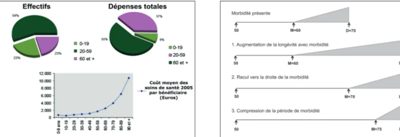 Figure 2 . Comparaison des proportions démographiques et des dépenses  correspondantes en soins de santé pour l’année 2005 (données tirées de la  référence 5) .