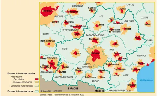 Figure 6 – Cartographie des espaces urbains et ruraux en Midi-Pyrénées 