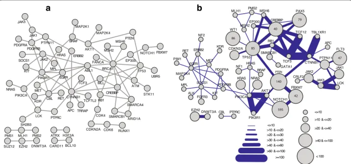 Fig. 2 a Interactions between proteins mutated in ALL samples. Protein-protein interactions were extracted from three databases: IntAct, HPRD and BioGRID and only interactions reported with at least two publications, and detected by two experimental method