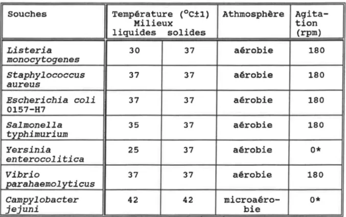 Tableau  I:  Conditions  de  croissance  des  espèces  et  souches  bactériennes  utilisées