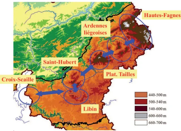 Figure 1. Localisation du projet LIFE Saint-Hubert et des projets similaires sur d’autres massifs arden- arden-nais.