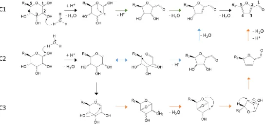 Figure 24: cyclic pathways for aldoses conversion to furan derivatives. For hexoses: R 2  = -CH 2 OH
