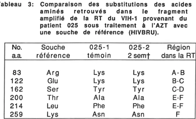 Tableau  3:  Comparaison  des  substitutions  des  acides  aminés  retrouvés  dans  le  fragment  amplifié  de  la  RT  du  VIH-1  provenant  du  patient  025  sous  traitement  à  l' AZT  avec  une  souche  de  référence  (HIVBRU)