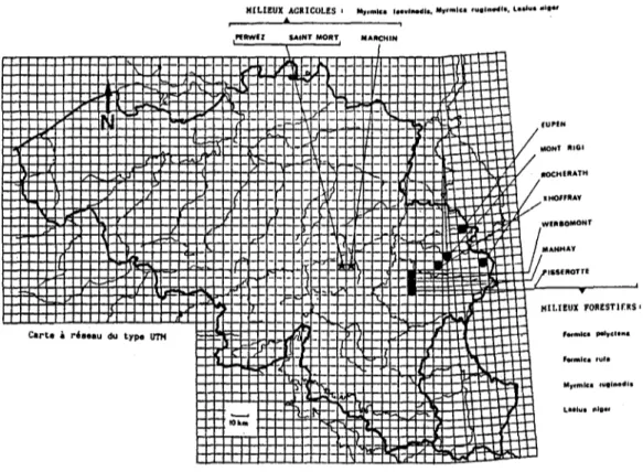 Fig.  1. Localisation des releves en milieux forestiers (e) et en milieux agricoles ( * )