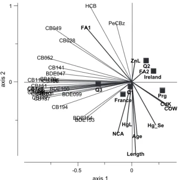 Fig. 2. Results of redundancy analysis (RDA) on persistent organic pollutant (POP) concentrations (excluding hexabromocyclododecane, HBCD) in  blub-ber of female common dolphins: bi-plot of explanatory and response variables.