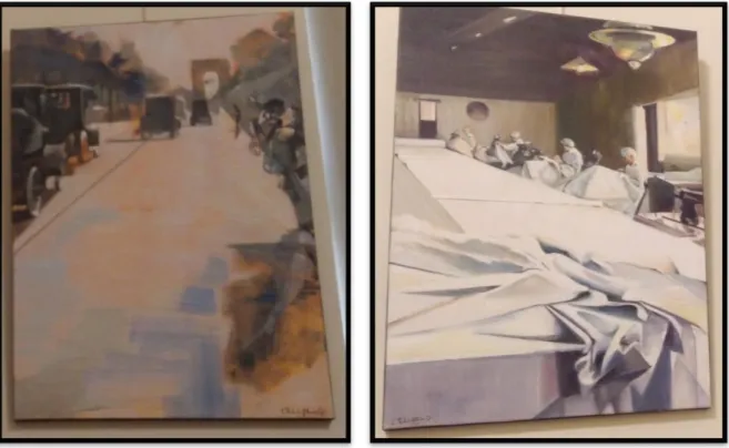 Fig. 3 : Sélection de peintures réalisées par les Peintres Officiels de l'Air et de l'Espace, exposées dans le cadre de  l’exposition 1914-1918, le ciel en guerre - l'aéronautique militaire et maritime française 