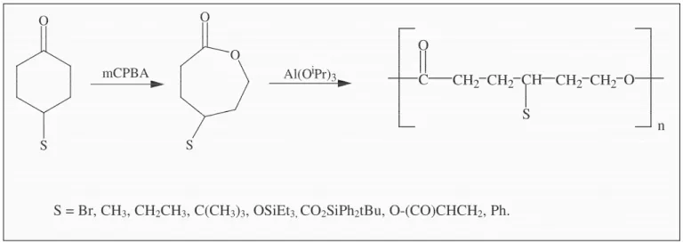 Figure 2.12 : Synthèse et polymérisation de dérivés d’ ε -caprolactone substituée par des  groupes fonctionnels