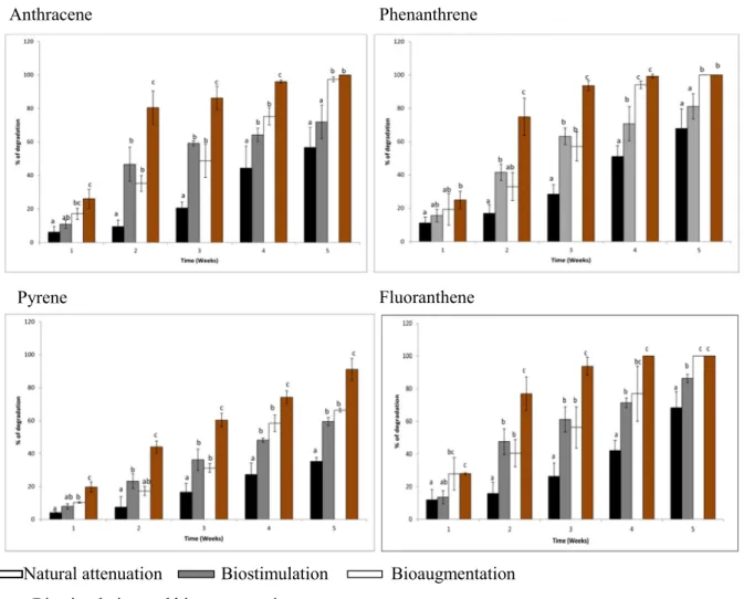 Fig. 6 Biodegradation rate of anthracene (Ant), phenanthrene (Phe), pyrene (Pyr), and fluoranthene (Flt) in mangrove nonsterile sediments during 5 weeks degradation according to different strategies