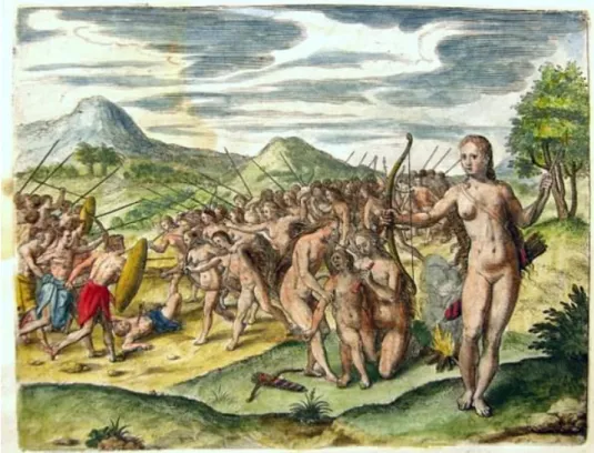 Figure 2. Gravure représentant les Amazones du Monomotapa par T. de Bry, provenant d’un ouvrage de 1597,  Relatione del Reame di Congo, de Pigafetta