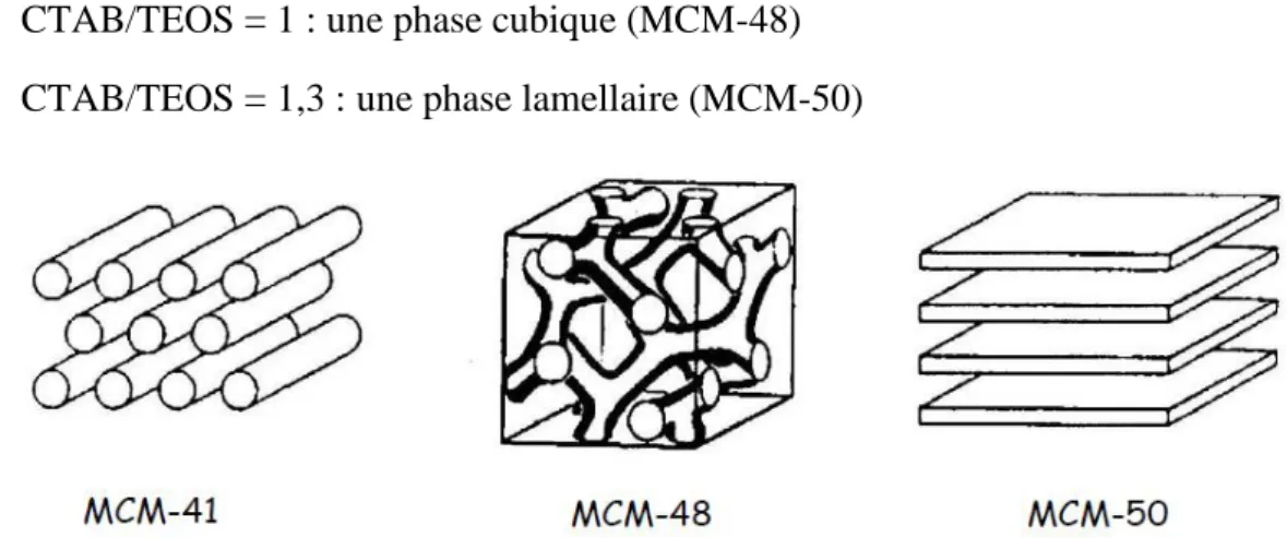 Figure I-10 : Représentation des structures de matériaux mésoporeux MCM-41, MCM-48 et  MCM-50, d'après[45-47]