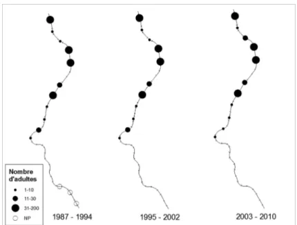Figure 4 : Cartographie de l’évolution de la répartition et de l’abondance du Lézard des murailles  (Podarcis muralis) sur les 19 km de voie ferrée prospectés entre 1987 et 2010