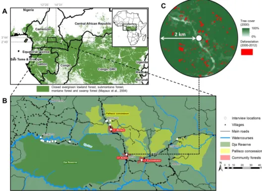 Figure 3.1: Location of the study area in Central Africa (A). Sampling locations of  interviews in the study area (white dots), associated with the three  forest allocations (a 